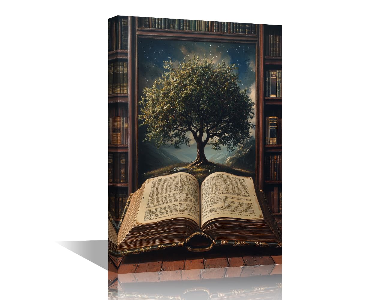 TISHIRON Framed Canvas Wall Art Tree of Life Painting Vintage Book Pictures 1 Panel Modern Wall Decor for Living Room Bedroom Library Giclee Gallery-Wrapped Posters and Prints, 18x12in