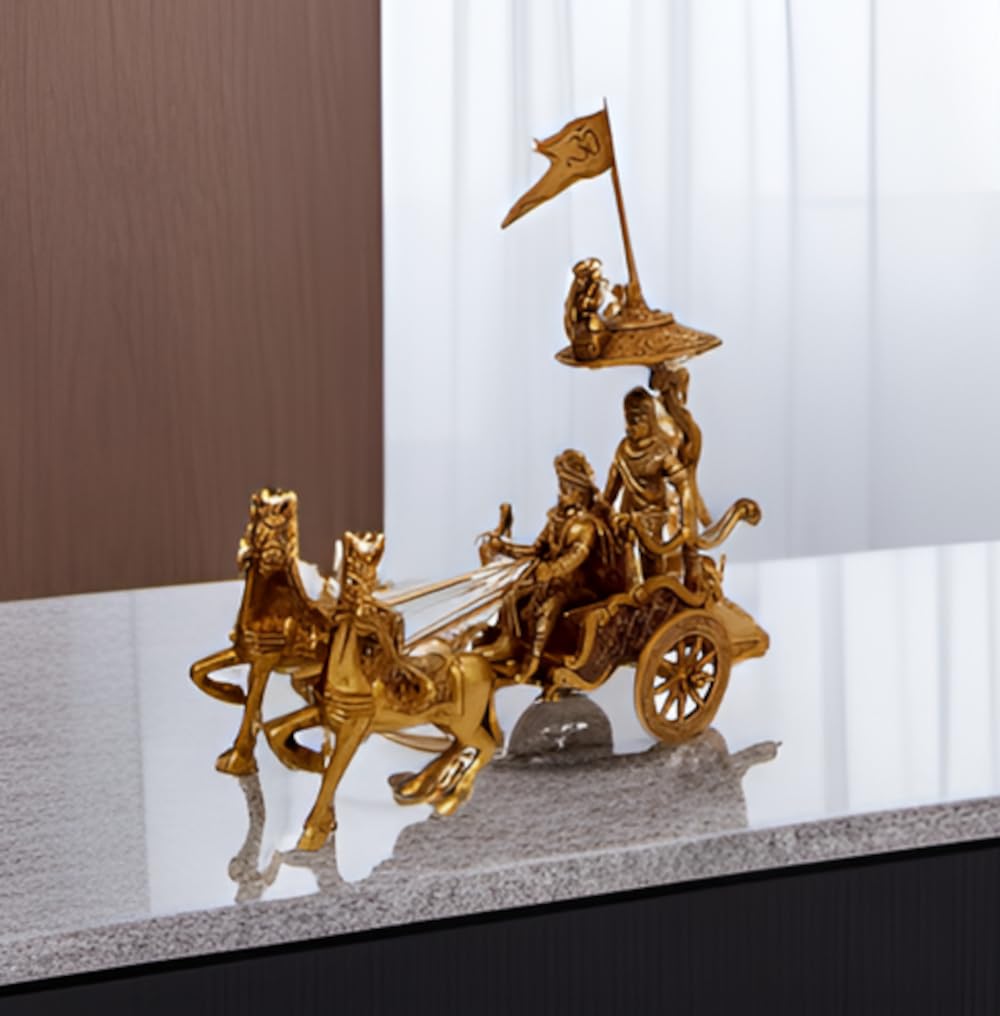 Purpledip Brass Idol Mahabharat Geeta Arjun Chariot (Rath) with Krishna & Hanuman: Collectible Figurine Gift (10670)