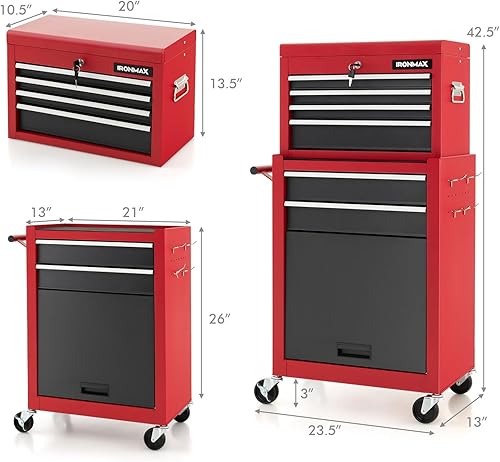 Miniatura 3 de ERGOMASTER Gabinete de herramientas con ruedas de gran capacidad con llave de cierre, caja de herramientas portátil organizadora con cajones