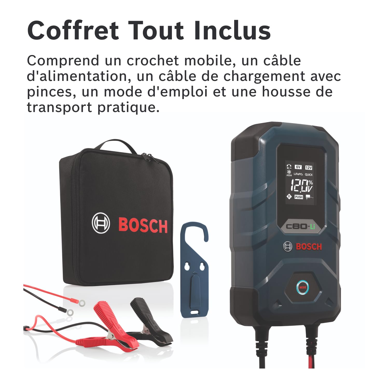 Bosch C80-Li Chargeur de Batterie Bosch C80-Li - 15 Ampères avec Fonction de Maintien - pour Batteries 6V/12 V Plomb-Acide, AGM, EFB, Gel, SLI et 12 V Lithium (LiFePO4)