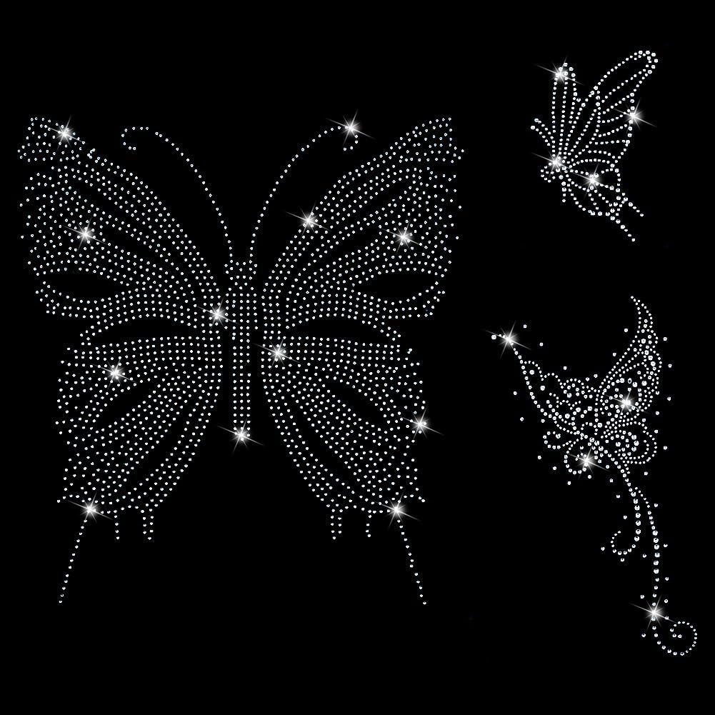 3 Pcs Rhinestone Butterfly Iron on Patches Bling Hot Fix Beaded Butterflies Appliques Sparkly Stickers Sew on Clothing Repair Patch for Clothes Hat Dress Skirt Jean Jacket Pant DIY Craft