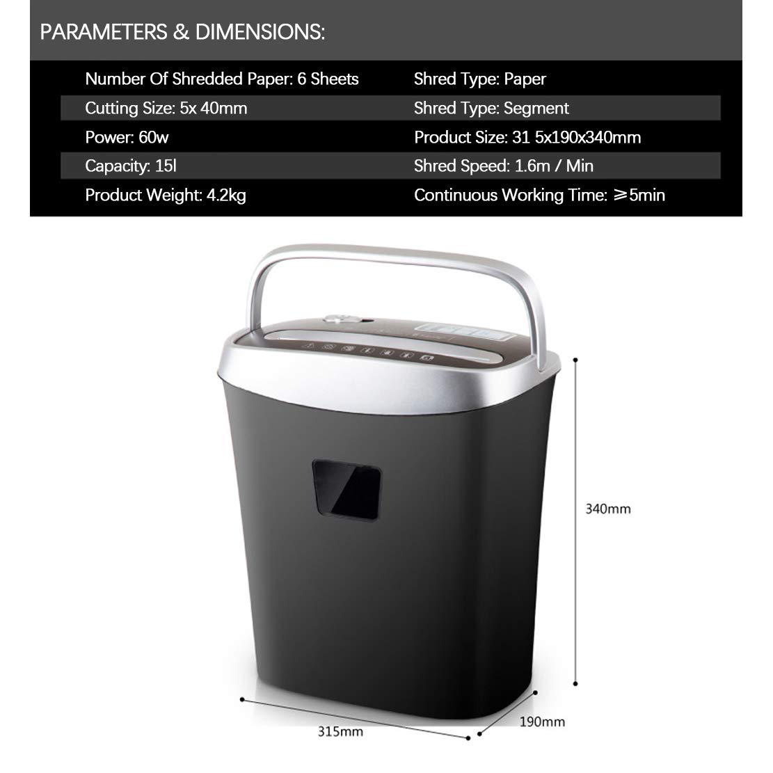 Trituradora silenciosa para papel, tritura 6 hojas a la vez, tiempo de funcionamiento de 10 minutos, tamaño de corte de 5 x 40 mm, cubo de basura de 15 litros de capacidad