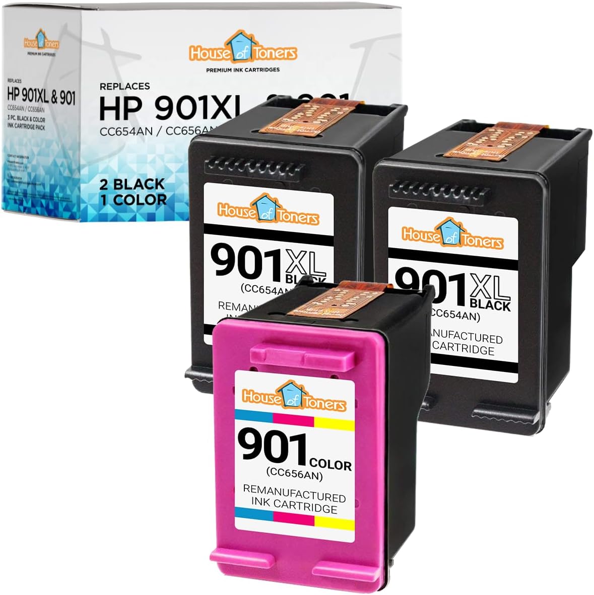 Houseoftoners Remanufactured for HP 901XL CC654AN Black and HP 901 CC656AN Color Ink Cartridge High Yield Officejet 4500 J4535 J4580 J4680c J4500 J4585 J4624 J4524 J4600 3 Pack (2-Black & 1-Color)
