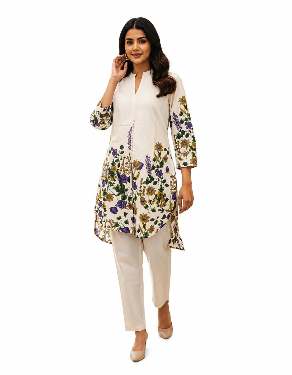 Women’s Floral Printed Kurta Pant Set, Elegant Ethnic Wear with 3/4 Sleeves & V-Neck Design, Soft Comfortable Daily Wear Outfit, Stylish Casual & Festive Kurti Set for Women-image-42