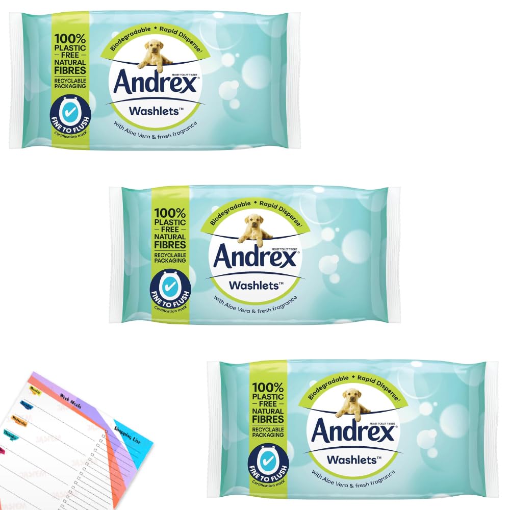 Andrex Classic Clean Washlets - Flushable Toilet Tissue Wet Wipes with Micellar Water & Cotton Fresh Fragrance - Biodegradable, Rapid Disperse | Pack of 3x 36 wipes