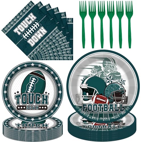 FodeMoraka Football Birthday Party Decorations - 96 Pcs Green Eagle Disposable Paper Dessert Plates Forks Napkins Set Sports Table Decor Supplies for Boys Men Fans Gameday Tailgate Serves 24 Guests