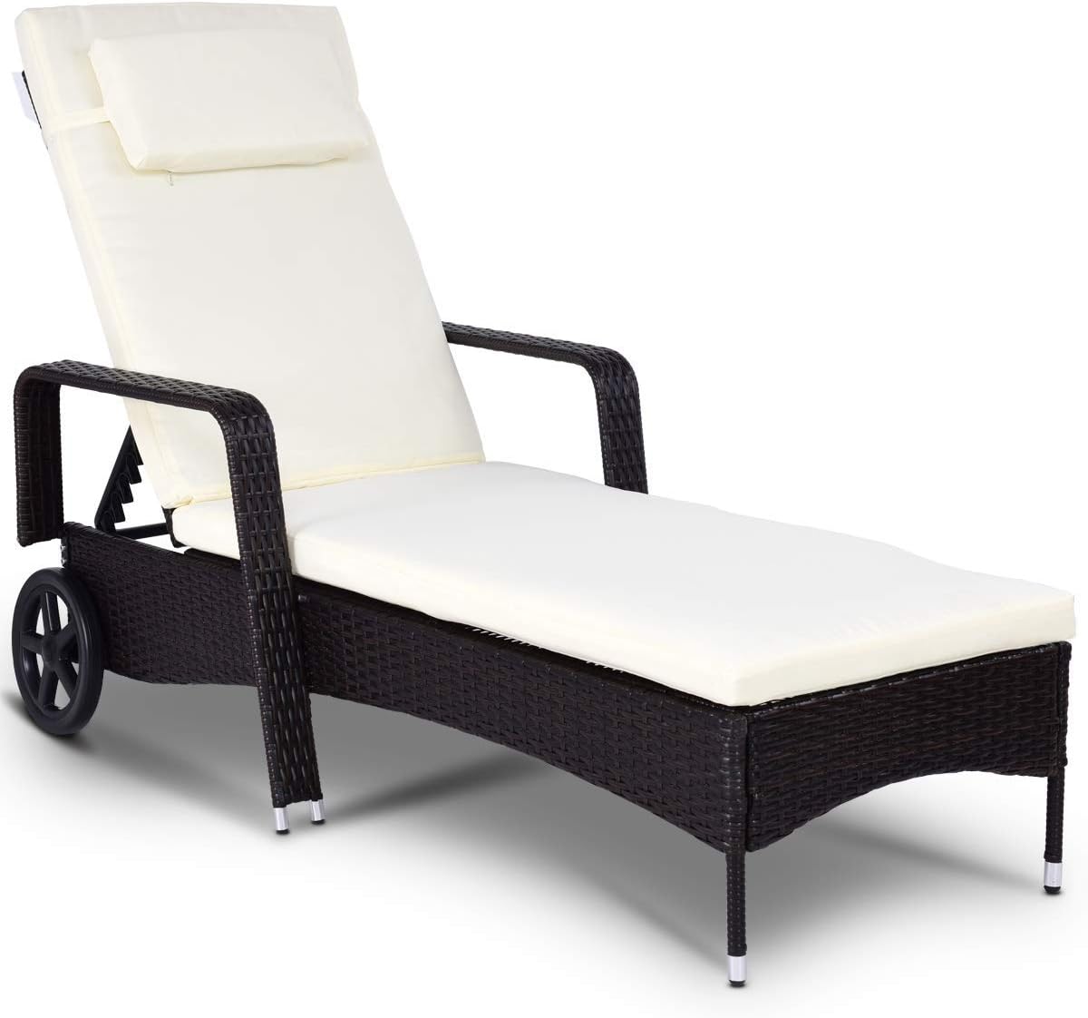 ReunionG Patio Reclining Chaise Lounge, Wicker Rattan Adjustable Lounger Chair with Wheel for Outdoor Beach Pool Yard Porch