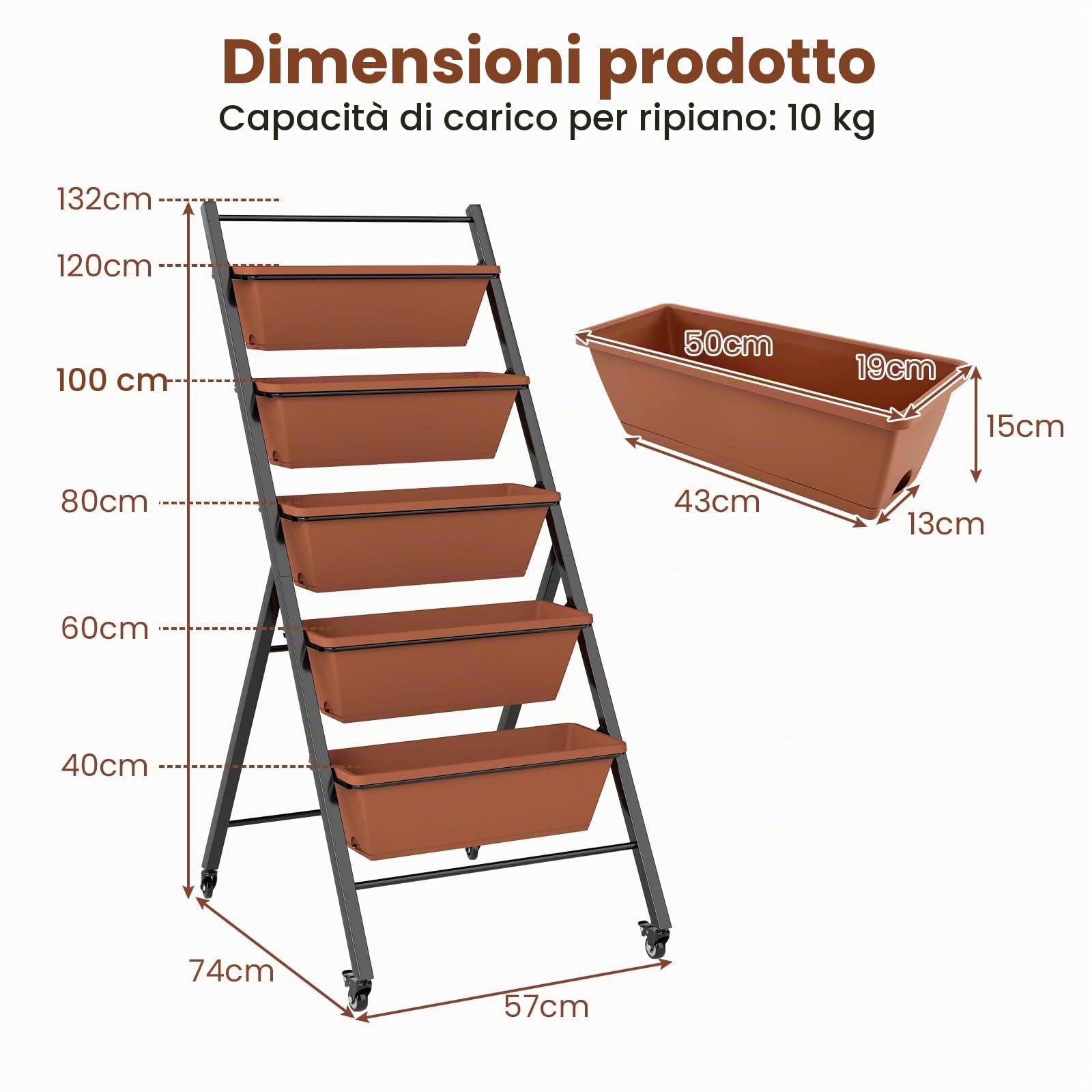 HOMASIS Fioriera da Balcone a 5 Ripiani con 4 Ruote, Scaffale per Piante con 2 Ruote con Freno, Carrello per Piante, Fiori, Verde, Portapiante da Giardino, Balcone, Cortile (Marrone, 57 x 74 x 132 cm)