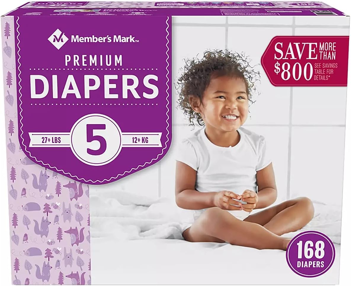 Member's Mark Premium Baby Diapers Size 5 (27+ Pounds), 168 Count