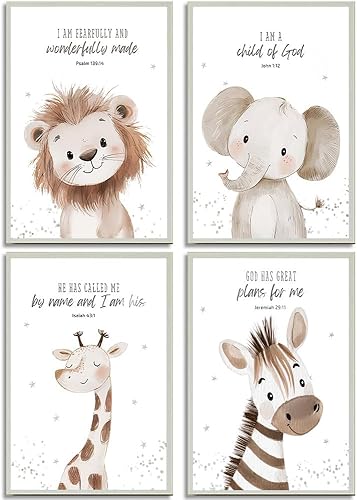 4 piezas de lienzo de animales con versículos bíblicos para guardería, arte de pared divertido y lindo de animales de safari, pintura cristiana,