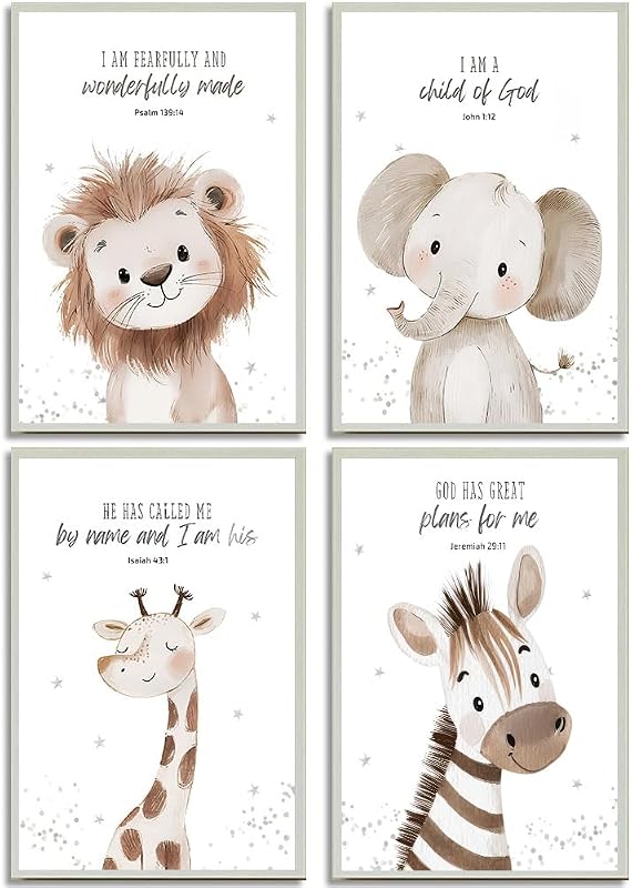 4Pcs Nursery Bible Verse Animal Canvas Wall Art Funny Cute Safari Animals Christian Painting Picture Wall Decor Lions Elephant Giraffe Zebra Poster Print Artwork for Boys and Girls Home Decoration