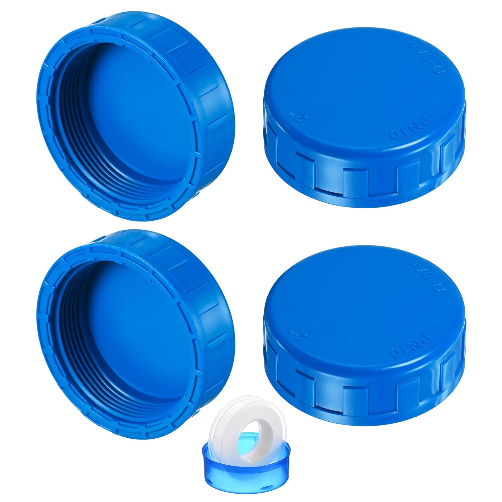 M METERXITY 4-Pack 2 Inch PVC Pipe End Cap Plug Adapter, Female Thread Water End Cap Connector with Sealing Tape for Yard/Watering Irrigation Systems, Inner Teeth End Pipe Plugs [Blue]