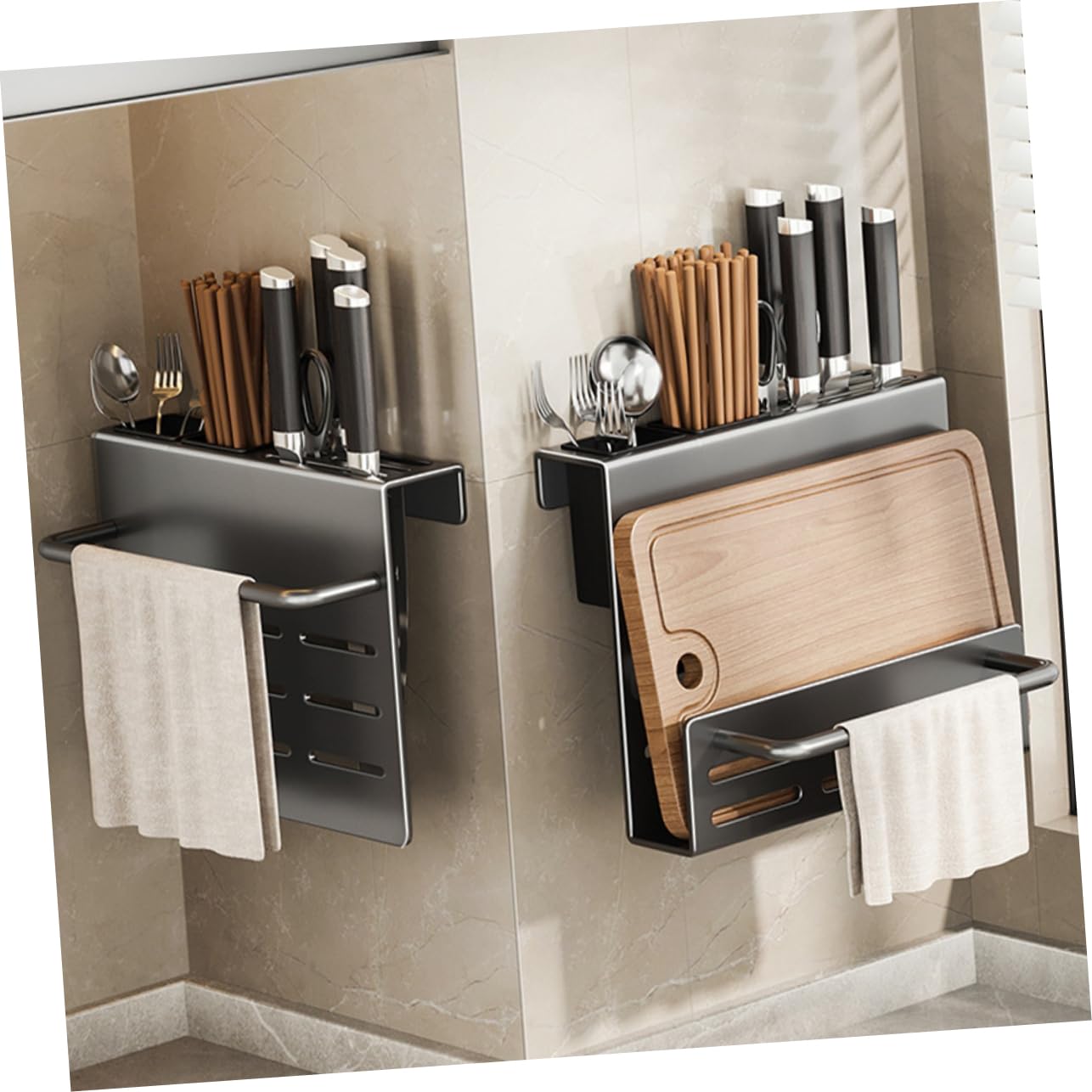 Cabilock Porte-Couverts Mural Multifonction A8 en Acier au Carbone Gris | Égouttage Intégré, Résistant à Rouille Rayures, pour Baguettes, Fourchettes, la Cuisine Domestique