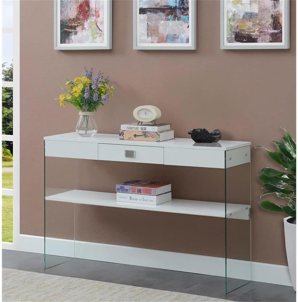 Pemberly Row Modern Console Table, Clear Glass and White Wood Top, One Drawer, Two Shelves, 47.5 x 11.75 x 30 in, Durable Particle Board, Contemporary Entryway, Living Room, or Hallway Table