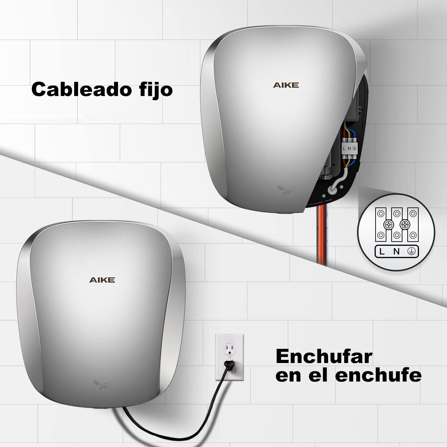 AIKE Secador de Manos eléctrico Profesional de Acero Inoxidable, Secado en 8-12 Segundos - 2 años de garantía