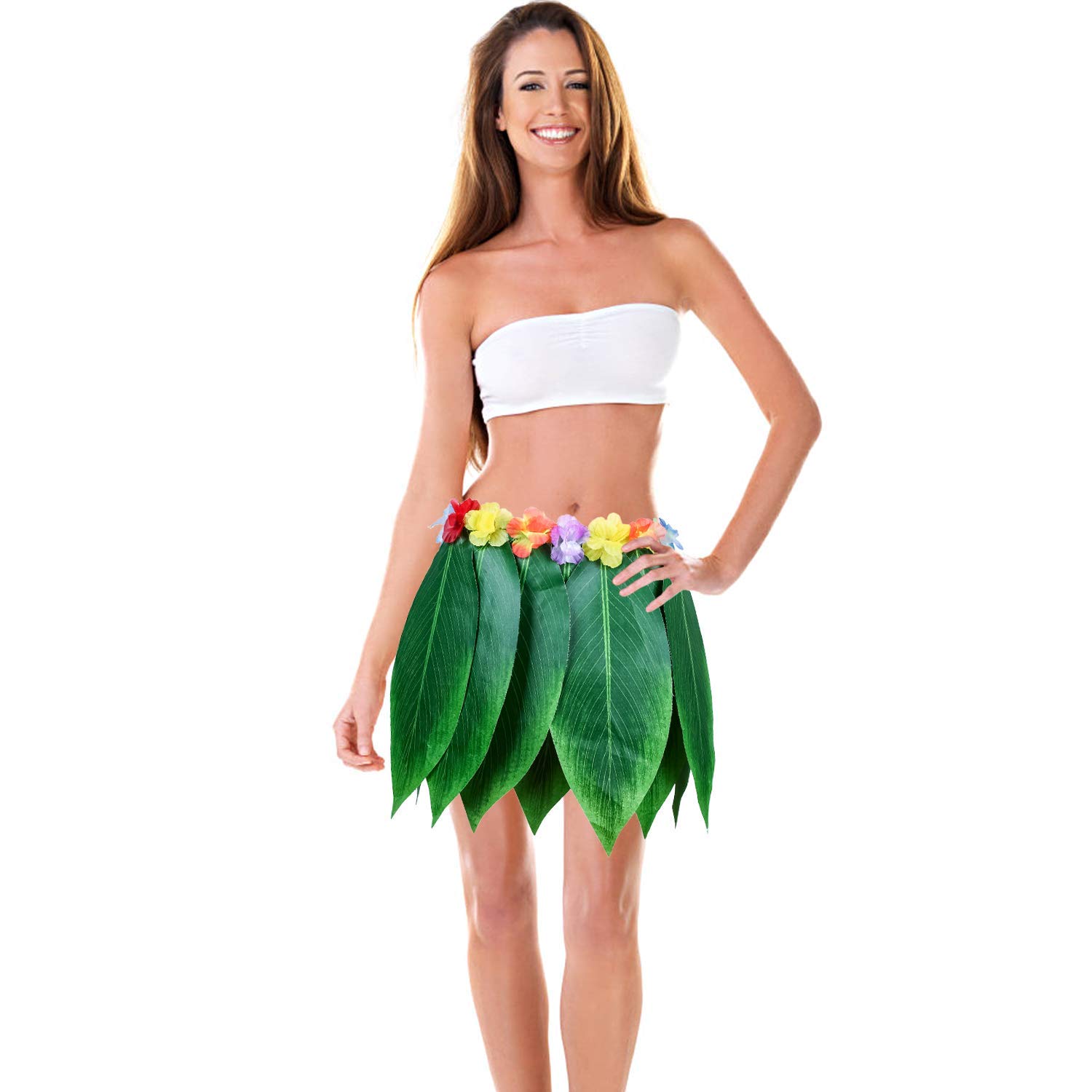 Ti Leaf Hula Skirt Hawaiian Leaf Skirt Green Grass Skirt with Artificial Hibiscus Flowers for Beach,Luau Party Supplies (Classic Flower(Short-Normal Size), 27in waist*15in length)