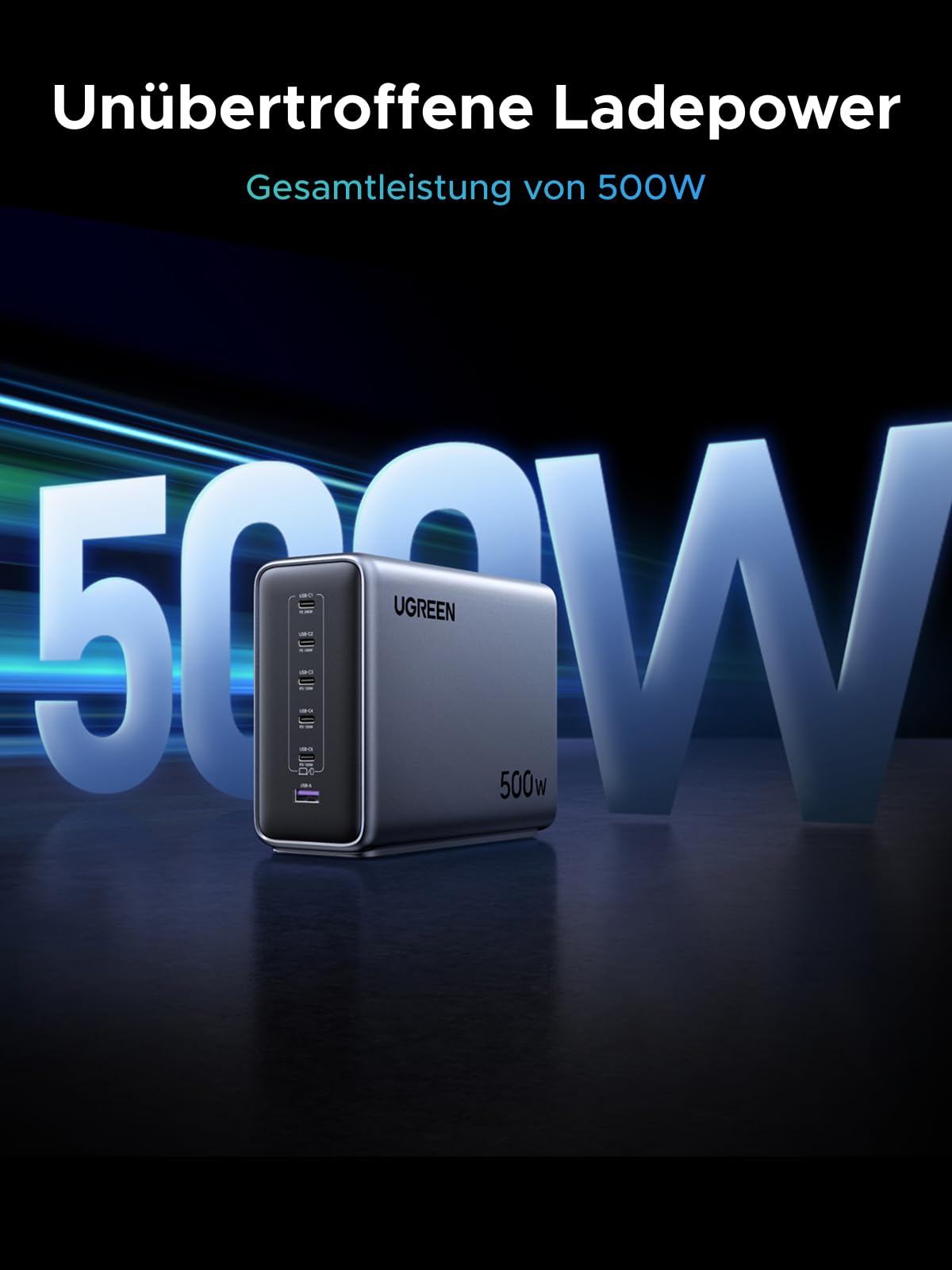 UGREEN Nexode 500W USB C Ladegerät 6-Port Netzteil GaN Ladestation PD 3.1 Desktop Charger Mehrfach kompatibel mit MacBook, iPad Pro/Air, iPhone 17-8 Serie, Galaxy S25-S22