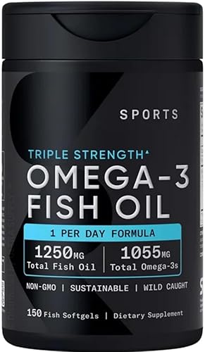 Aceite de pescado deportivo, triple fuerza, (150 unidades) fórmula sin eructos, 1250 mg de aceite de pescado, 1055 mg de Omega 3