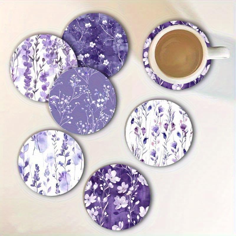 Image of Set of 6, 3.94X3.94 Inches, Spring Purple Floral Themed Wooden Coasters, Spring Purple Flower Art Coasters, for Friends and Family for Patio Tables, Kitchens Living Rooms