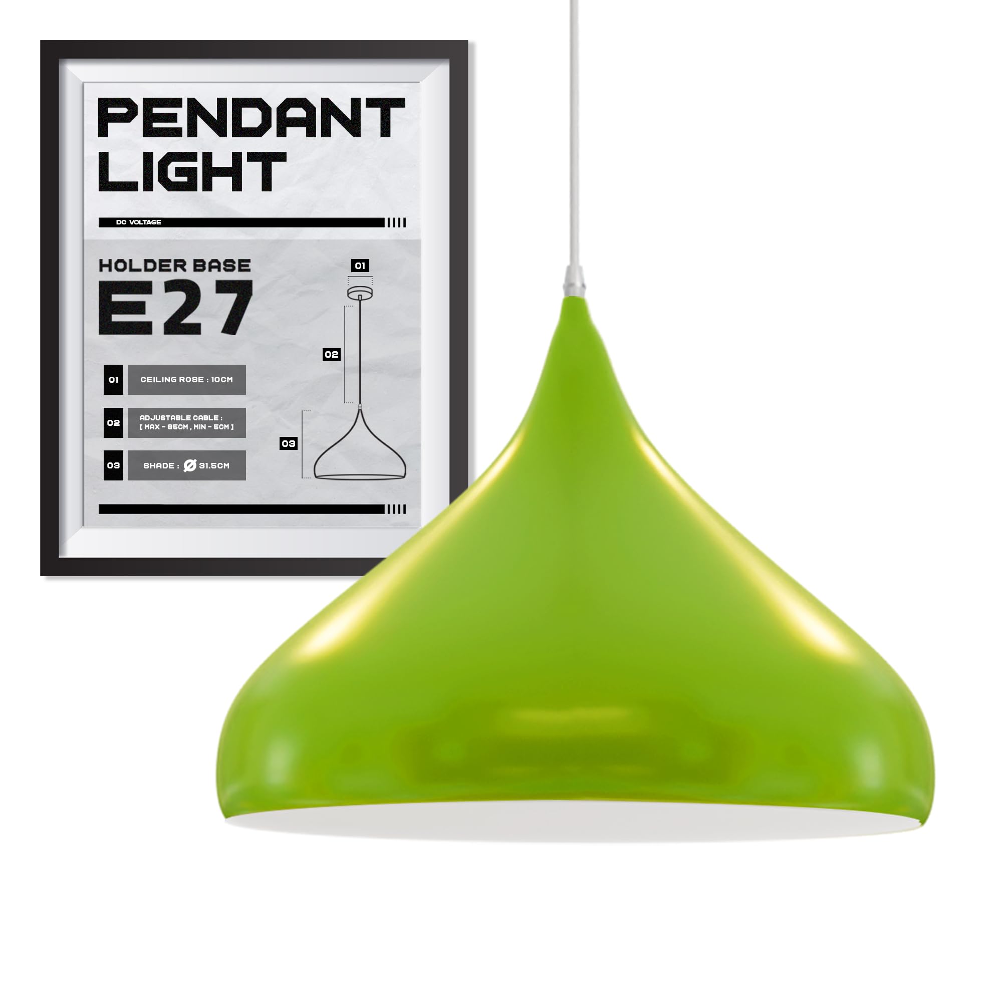 DC VOLTAGE Modern Curved Dome Shape Metal Single Head 31.5 cm Shade with E27 Base Holder for Office Dining Room Living Room Bedroom Coffee Bar Restaurant.