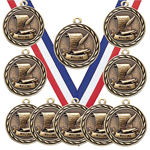 10 Pack of Writing Gold Medals Trophy Award with Neck Ribbons MA