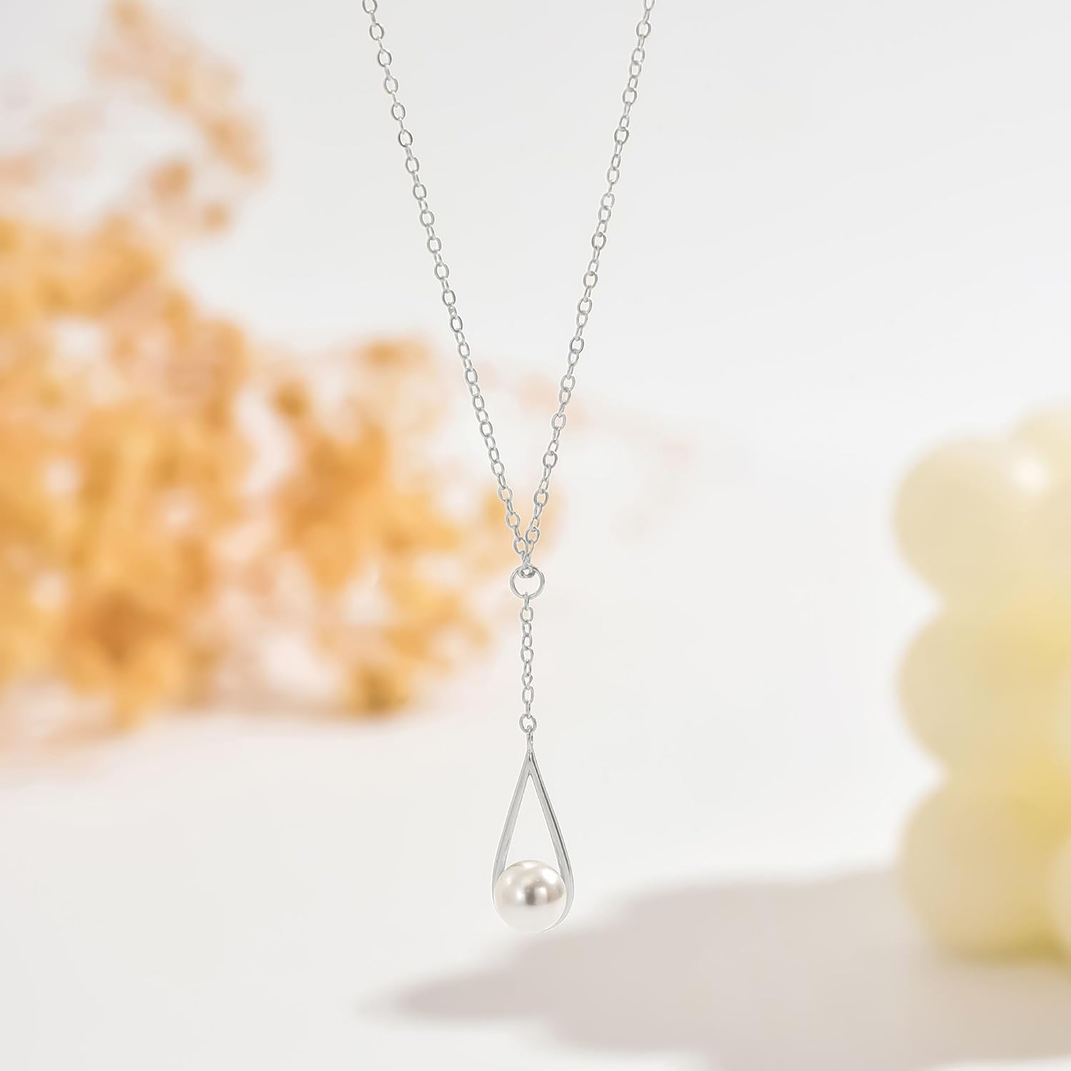 925 Sterling Silver Y Teardrop Pearl Pendant Necklaces for Women 14K Gold Plated Dainty Single Pearl Pendant Necklace to Daughter Mom Teardrop Long Charm Chain Valentine Wedding Jewelry Gifts - Image 7