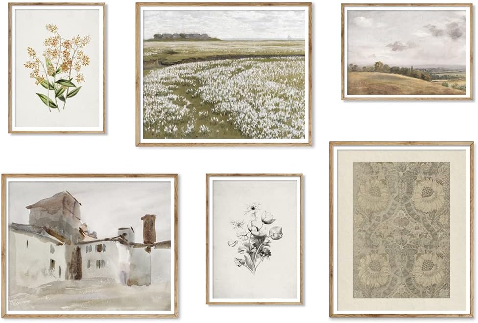 Vintage Botanical Wall Art -Neutral Wall Art prints for wall decor for Rustic Farmhouse Kitchen, Bathroom, Bedroom Poster Print Wall Decor - Preppy Room Decor Aesthetic Vintage, Nature, Tree Sketch Set of 6 landscape wall art.: Posters & Prints