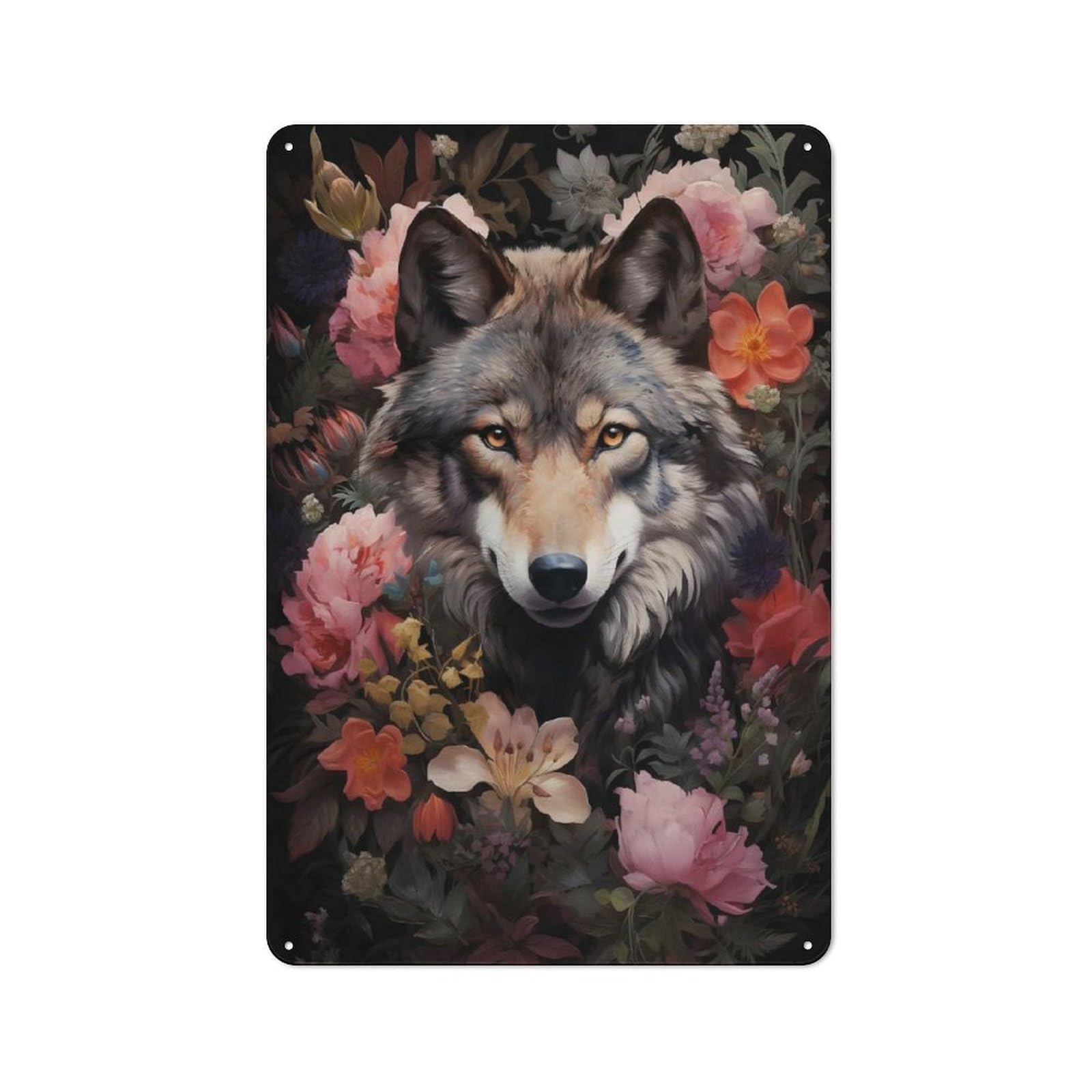Wolf Flowers Industrial Metal Wall Decor 30x20cm, Retro Metal Sign for Workshop, Basement, Shed Or Games Room