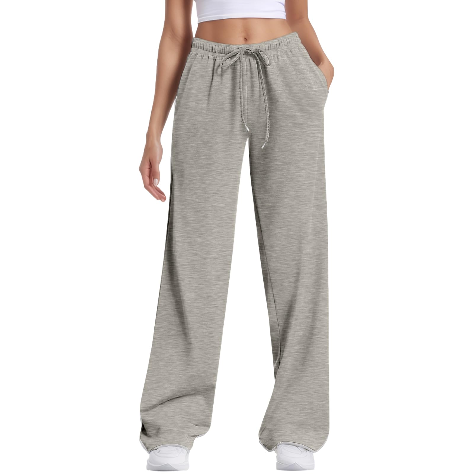 Neteson Women's High Waist Jogging Pants Wide Leg Comfortable Wide Leg Pants Gym Pants with Pockets and Drawstring Casual Stretch Pants for Jogging Fitness Running bright grey (ral 7035) XL