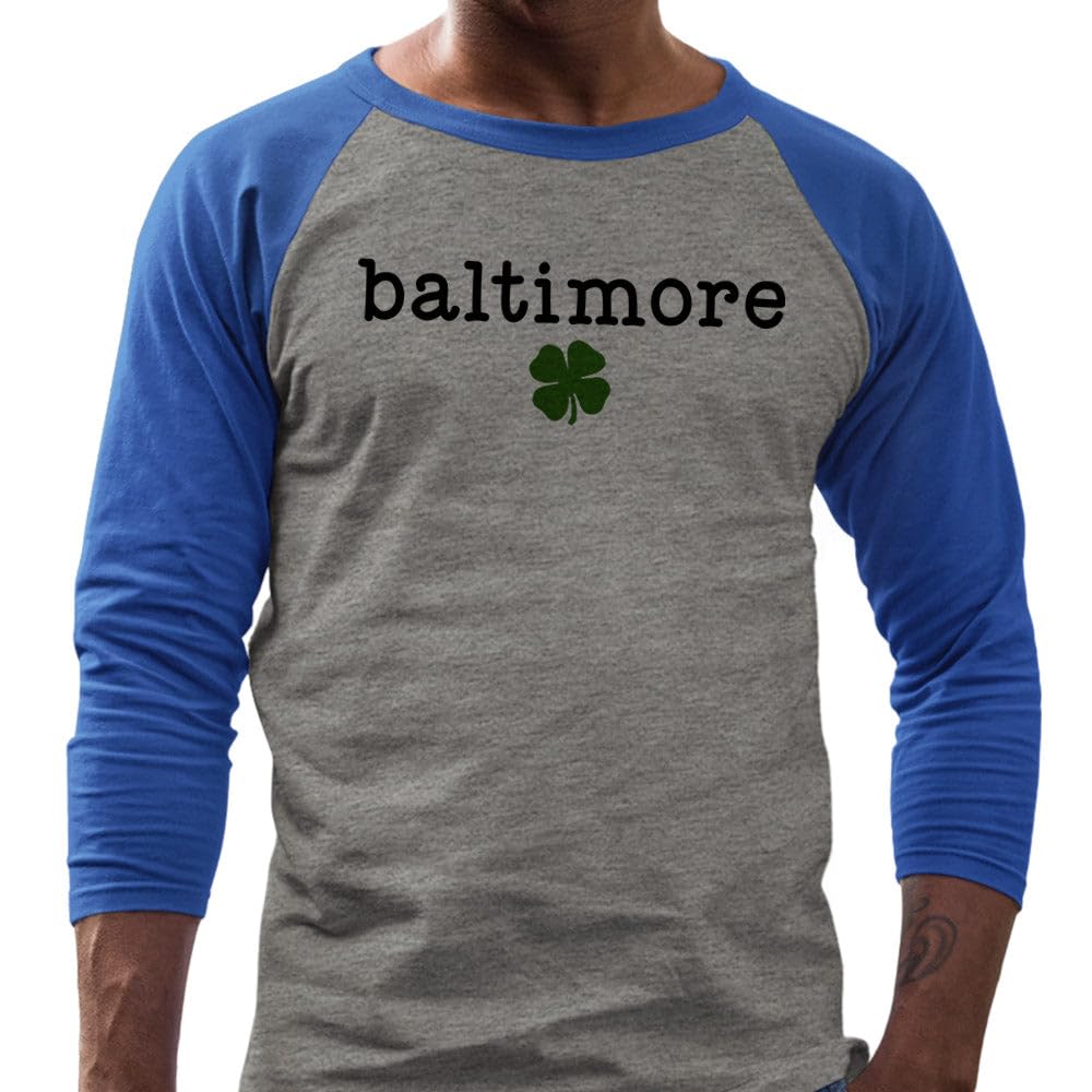 TeesAndTankYou Baltimore Shamrock Three-Quarter Raglan Sleeve Baseball Shirt Unisex 2X-Large Grey/Royal
