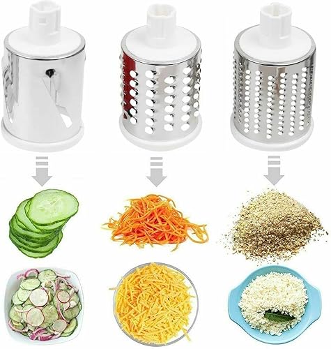 Miniatura 7 de Rallador de queso giratorio rojo, rallador manual de queso con asa, 3 cuchillas de acero inoxidable reemplazables, triturador de queso, base de