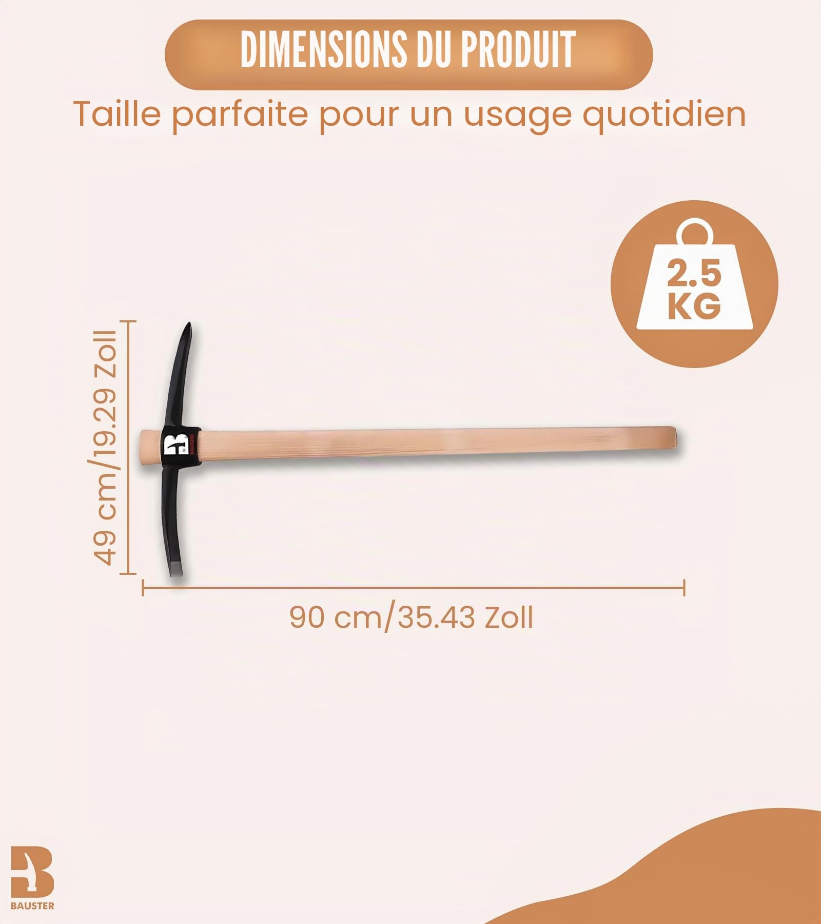 Pioche pointue avec manche en bois, équipée des deux côtés, pioche combinée pour ameublir les sols durs, binette de jardin utile pour briser les murs, pioche (2,5 kg)