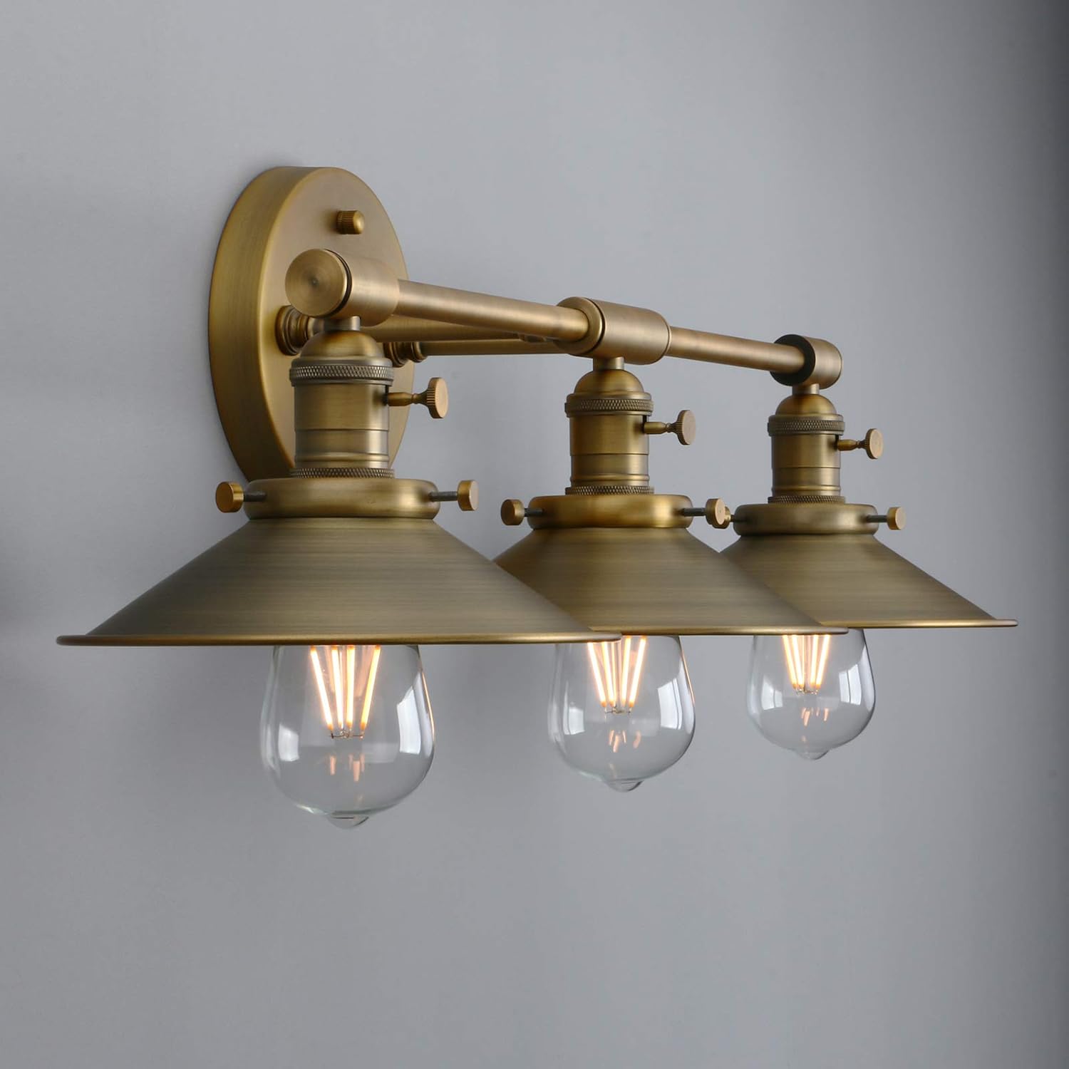 Phansthy Antique Brass Wall Sconce 3 Light Vanity Light with 7.87” Metal Flared Light Shade
