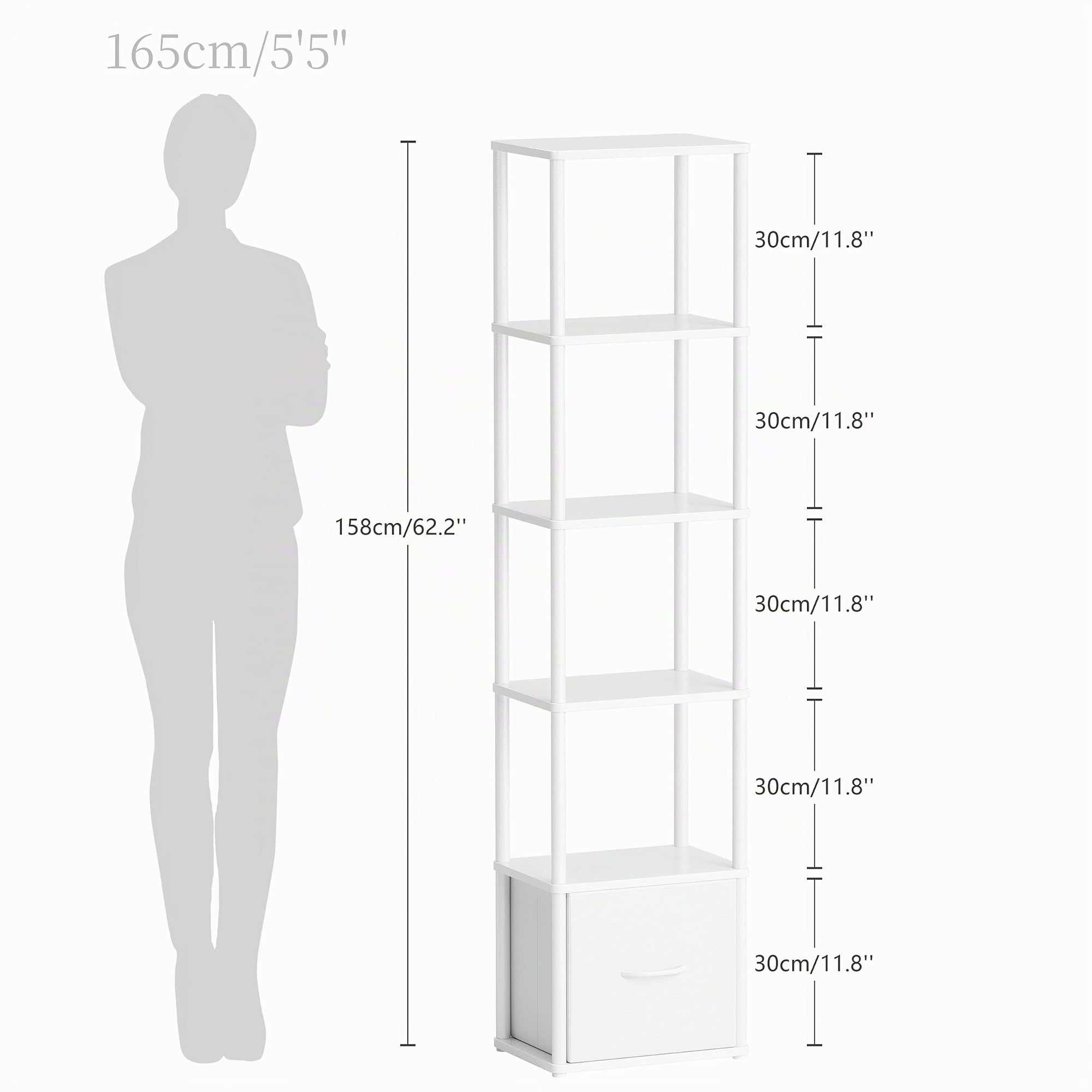 Estantería Estrecha Alta de Estilo Moderno Estantería Librería de Madera y Metal Estante con 1 Cajón Mueble Esquinero de 6 Niveles para Salón y Home Office Blanco HBC505W