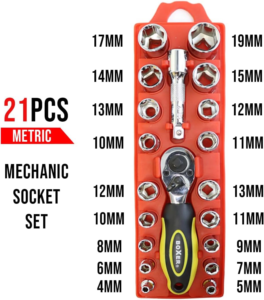 BoxerTool 21 Piece 1/4" & 3/8" Dual Head Ratchet Socket Mechanic Tool Set - Compact Wrench Set