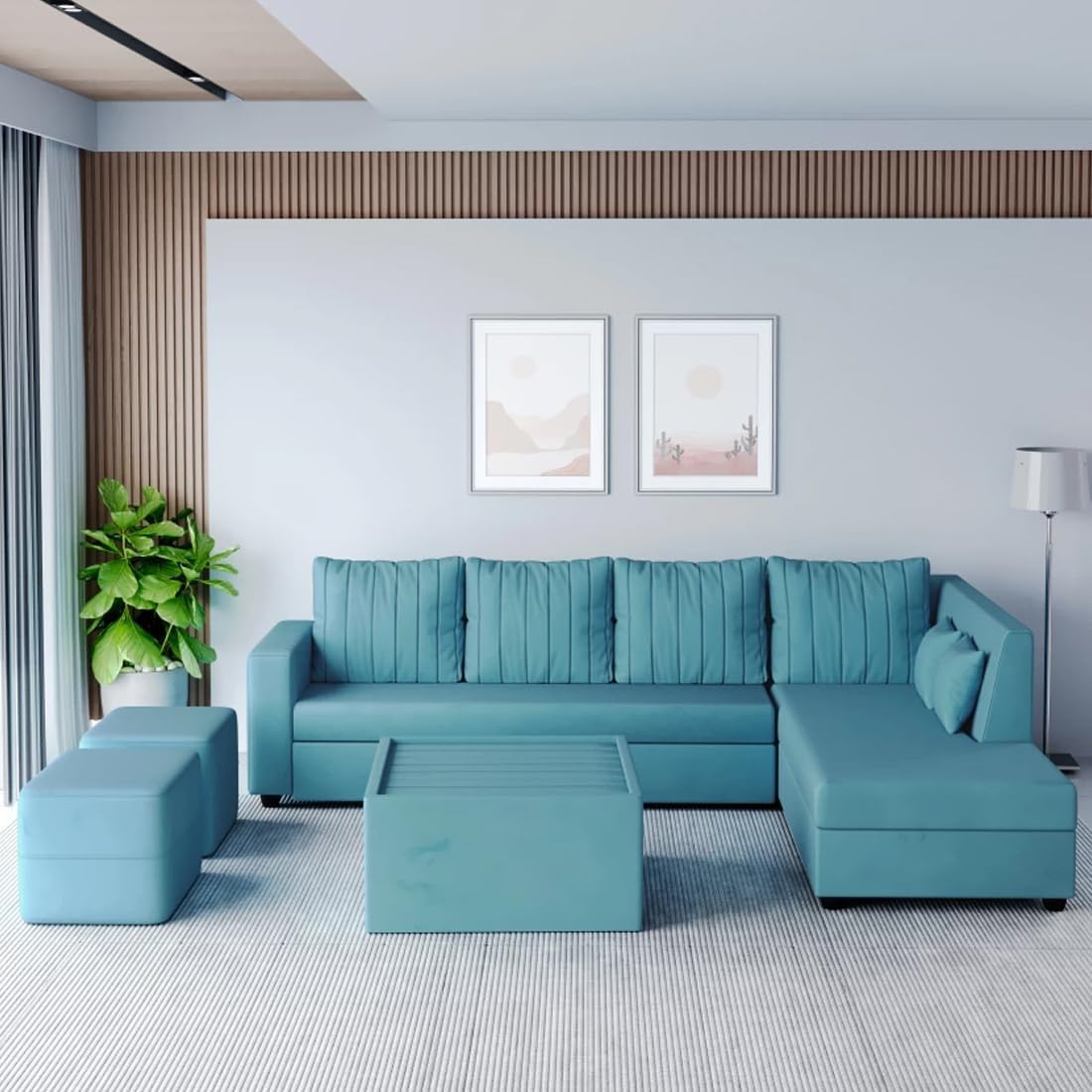 FURNY Stolastor 8-Seater Fabric RHS L Shape Sofa Set with 1 Centre Table & 2 Puffy - (Sky Blue)