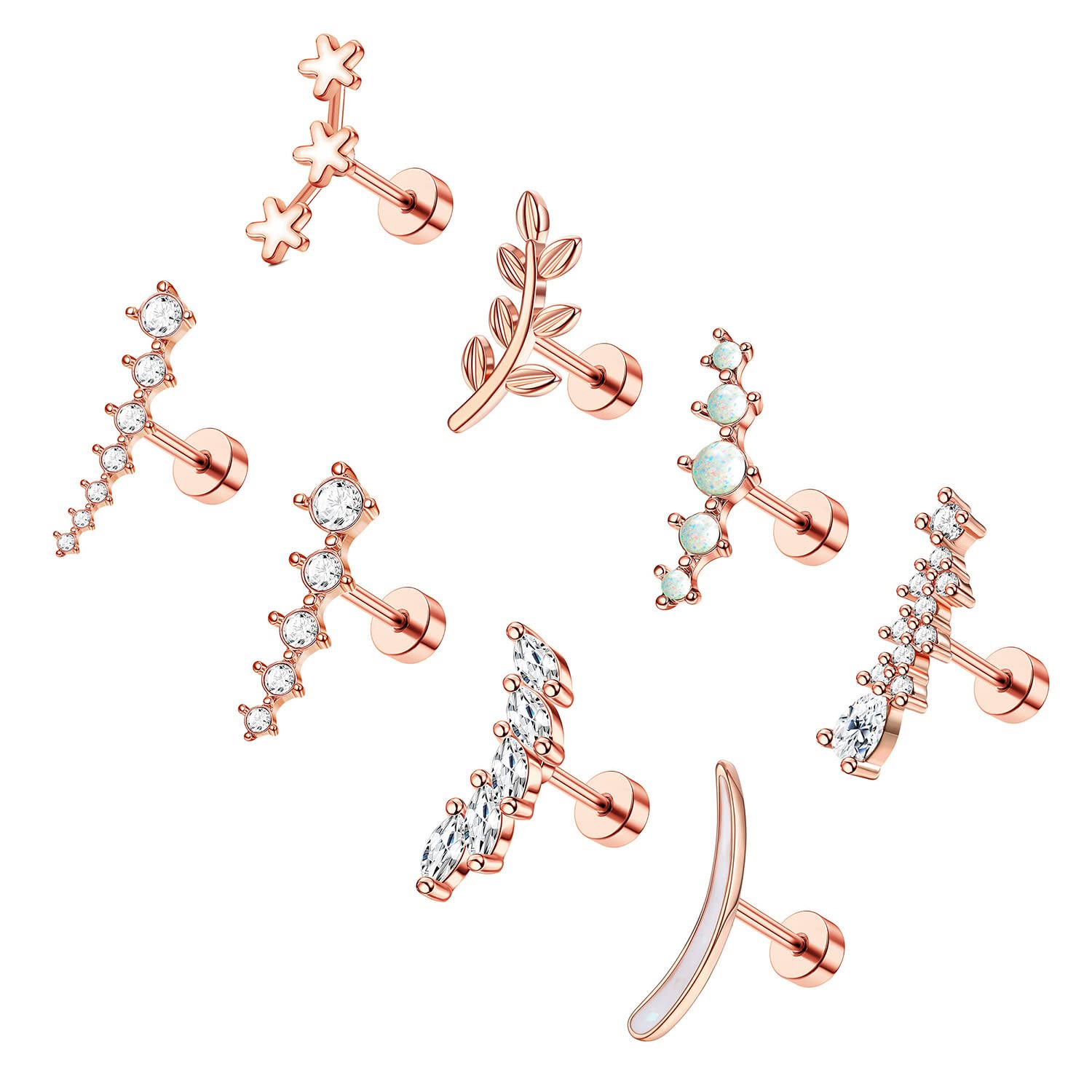 Jstyle8 Pcs 16G 316L Stainless Steel Cartilage Stud Earring Set for Women Girls Opal CZ Leaf Bar Flat Screw Back Conch Helix Daith Piercing Jewelry