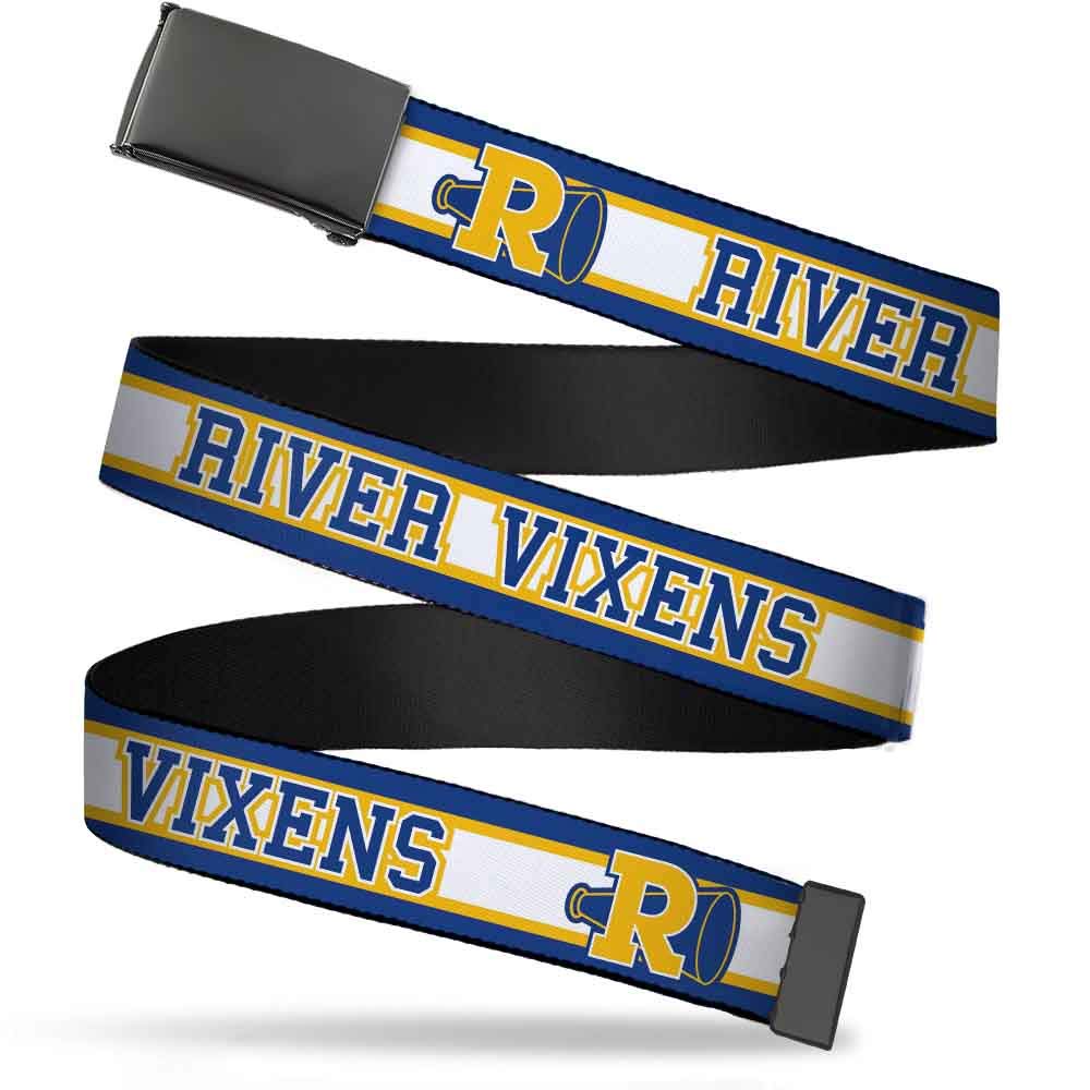 Belt Plain Clamp Buckle River Vixens Cheer Logo Stripe Blue White Yellow 1.25 Inch Wide Fits up to Size 42