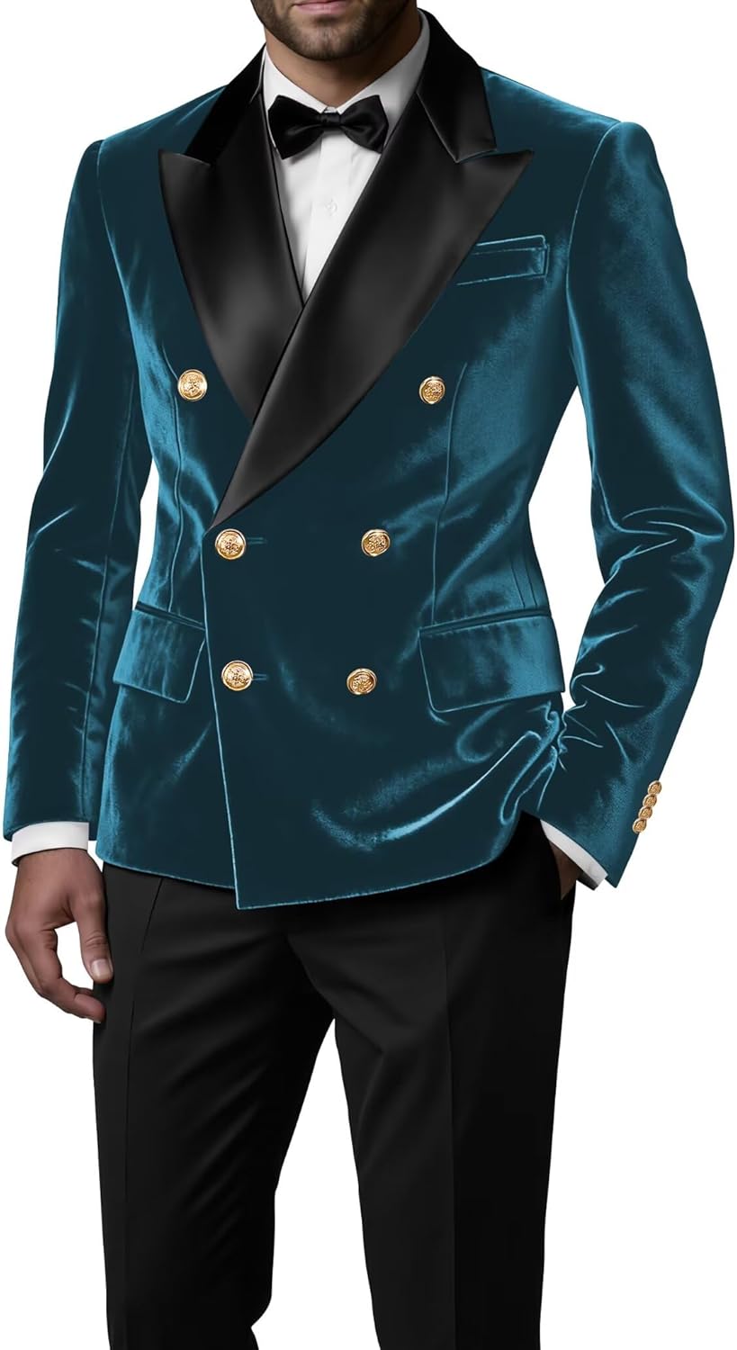 Velvet Blazer for Men Slim Fit Double Breasted Satin Lapel Coat Tuxedo Jacket with Bow for Prom Wedding Party