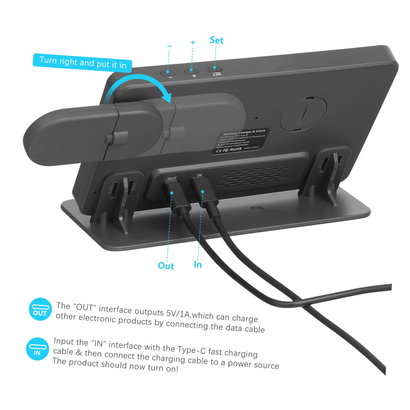 Mipcase Station de Charge sans Fil avec Réveil Numérique et Affichage Température Support Charge Rapide Multi-appareils Montre Connectée et Écouteurs Protection Sécurité Intégrée