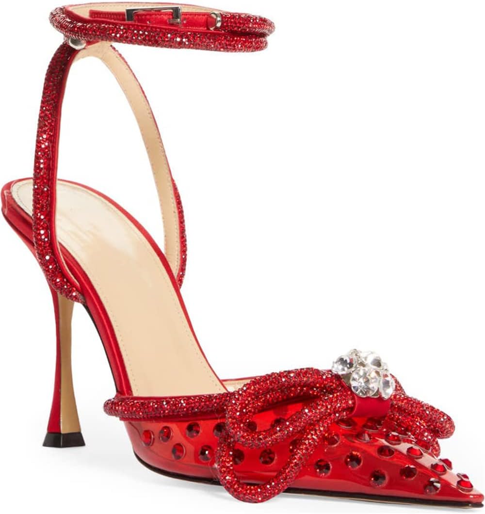 Clear Rhinestone Ankle Strap Pumps Heels with Crystal Double Bows 3 inch