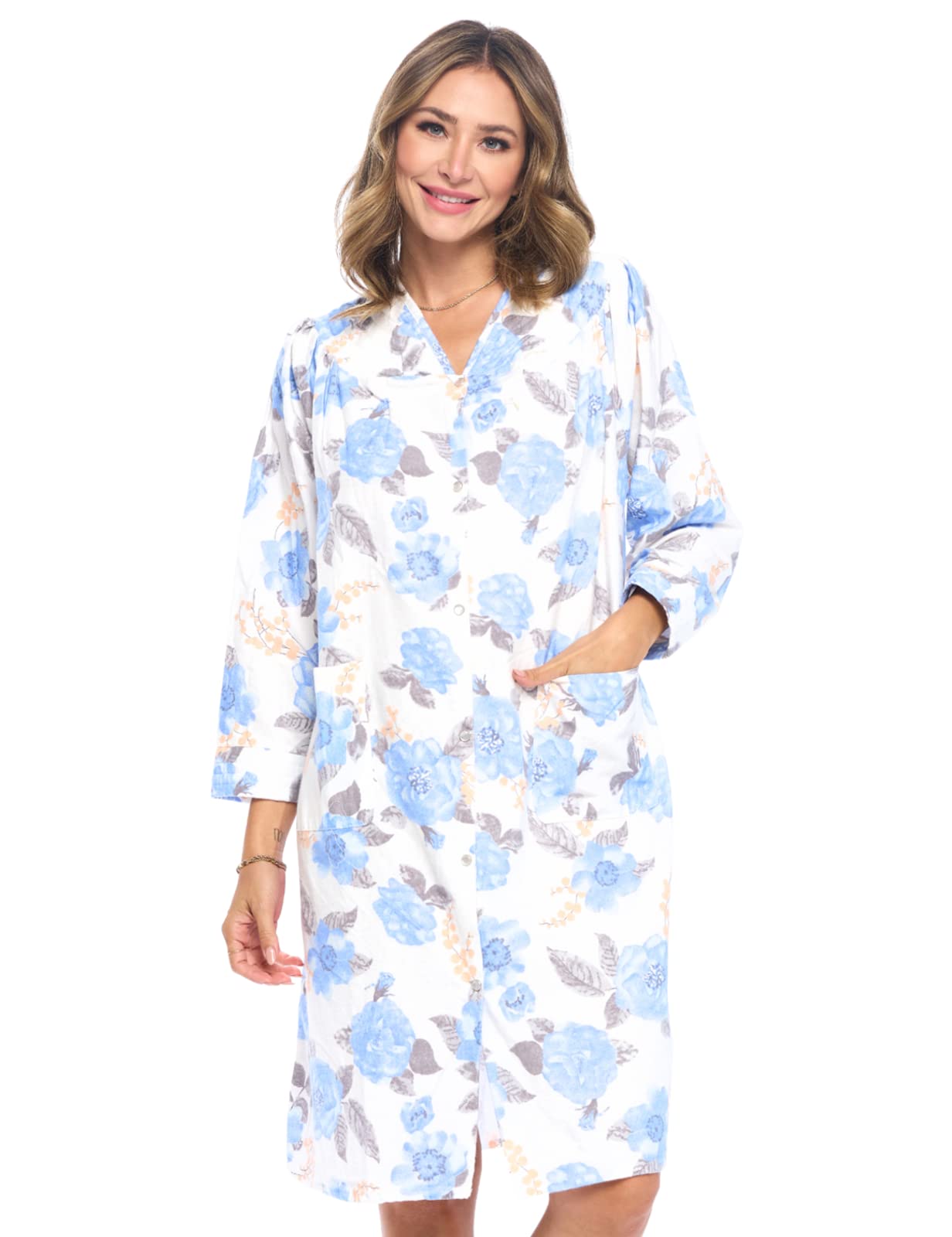 Casual Nights Women's Floral Snap Front Flannel Duster Long Sleeve Lounger Dress