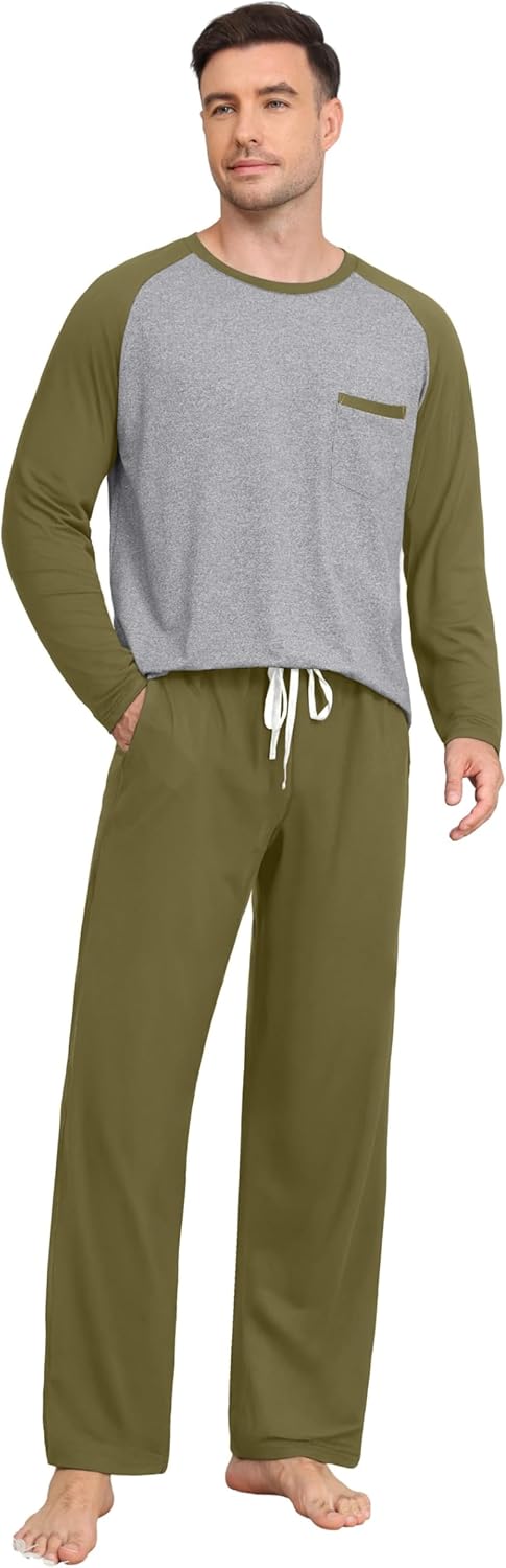 Mens Pajamas Set Lightweight Nightwear Pjs Sleepwear Quick Dry Soft Comfy Long Sleeve Loungewear With Pocket - Image 4