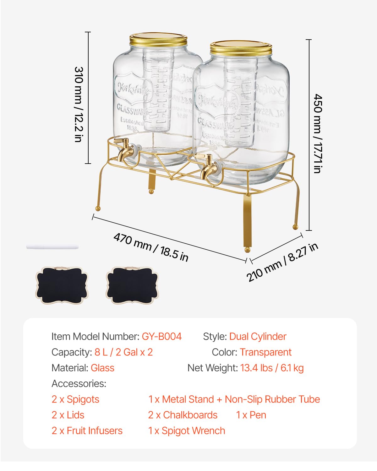 VEVOR Distributore di Bevande, 2 Pezzi da 8 L, Contenitore di Succhi in Vetro con Supporto in Metallo, Rubinetto in Acciaio Inox, Infusore, Distributore di Tè Freddo, Limonata, per Feste