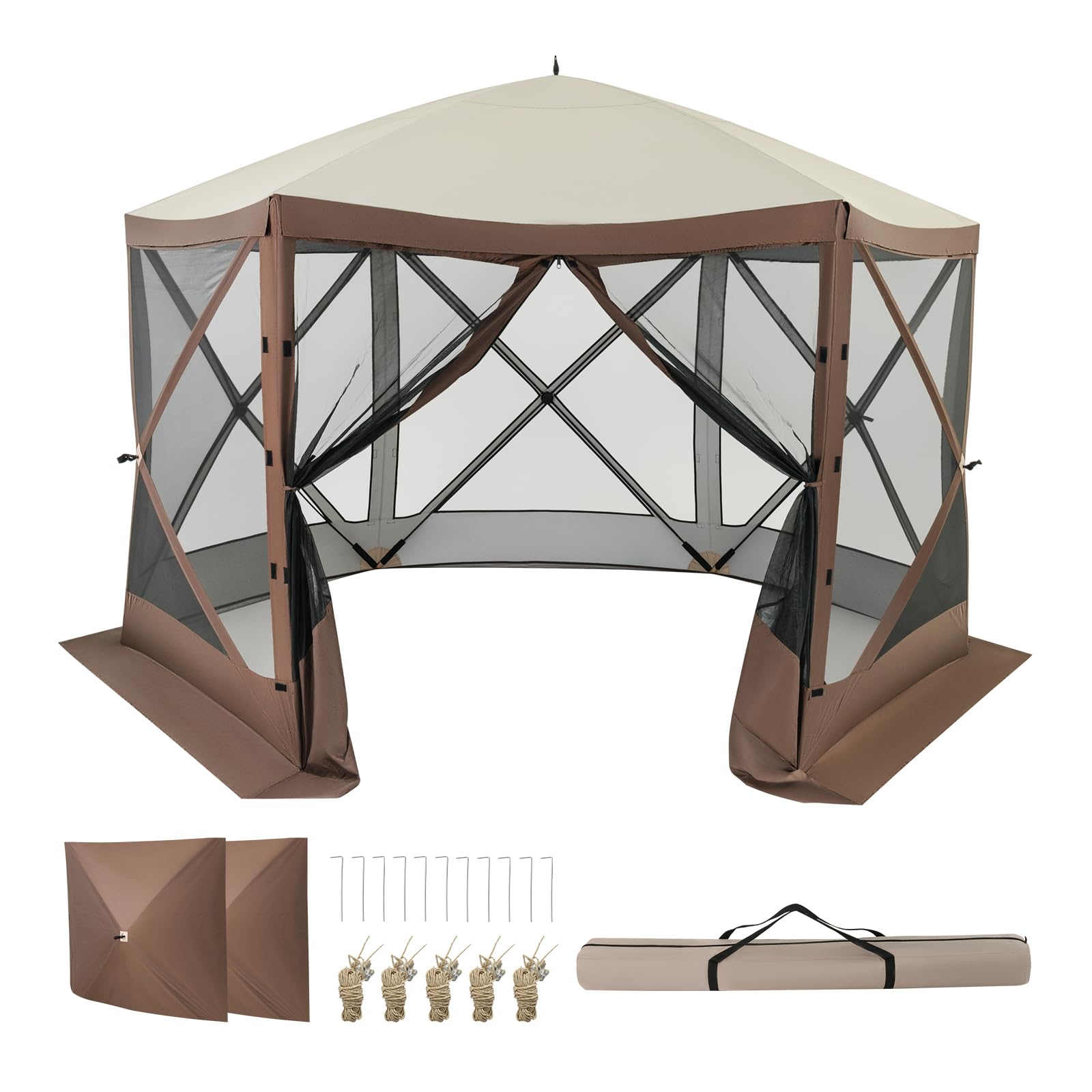 GYMAX Tenda da Campeggio per 6-8 Persone, Riparo Pop-up a 6 Lati con 2 Pannelli Frangisole Rimovibili, Tenda da Giardino Impermeabile e Antivento per Spiaggia e Giardino, 350 x 350 cm, Caffè