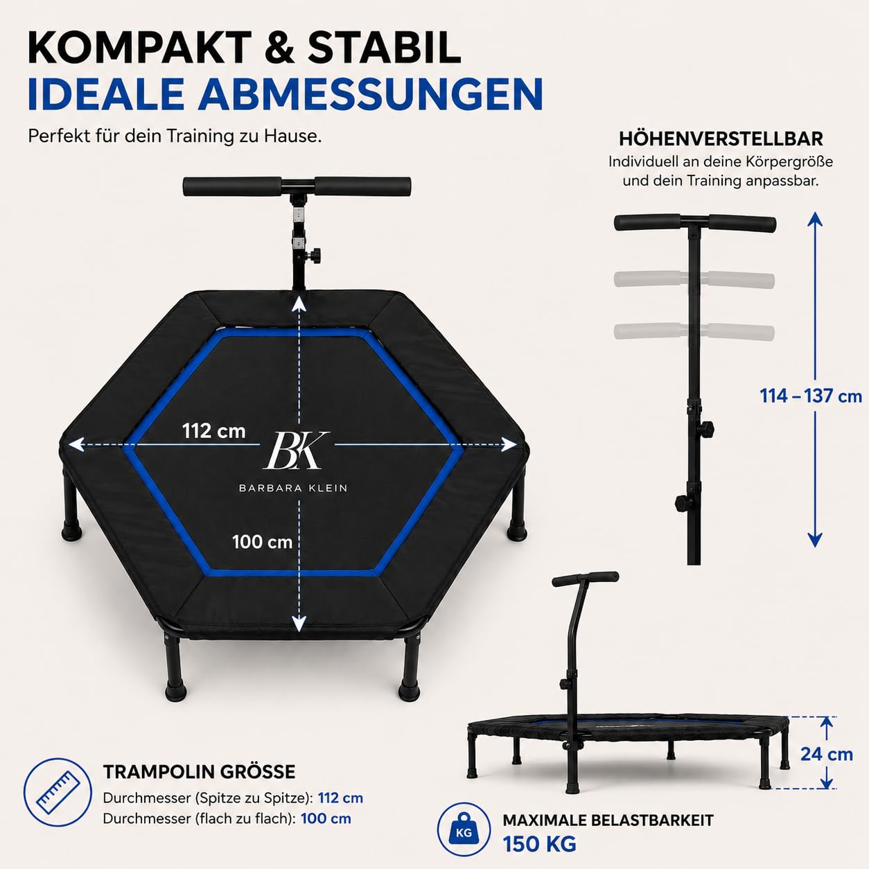 BK Barbara Klein Fitness Trampolin 133 cm mit Haltestange, 42 Gummiseile, Hexagon Rebounder, 100 kg Belastbar, Höhenverstellbar Indoor Heimtraining