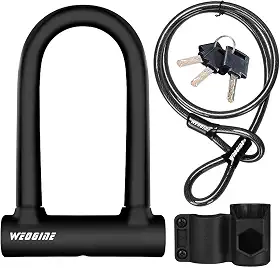 Cadeado em U para bicicleta com cabo de segurança de 1,5 m, manilha de 17 mm, trava de bicicleta com 3 chaves e suporte de montagem, travas em U de bicicleta perfeitas para estrada, montanha e