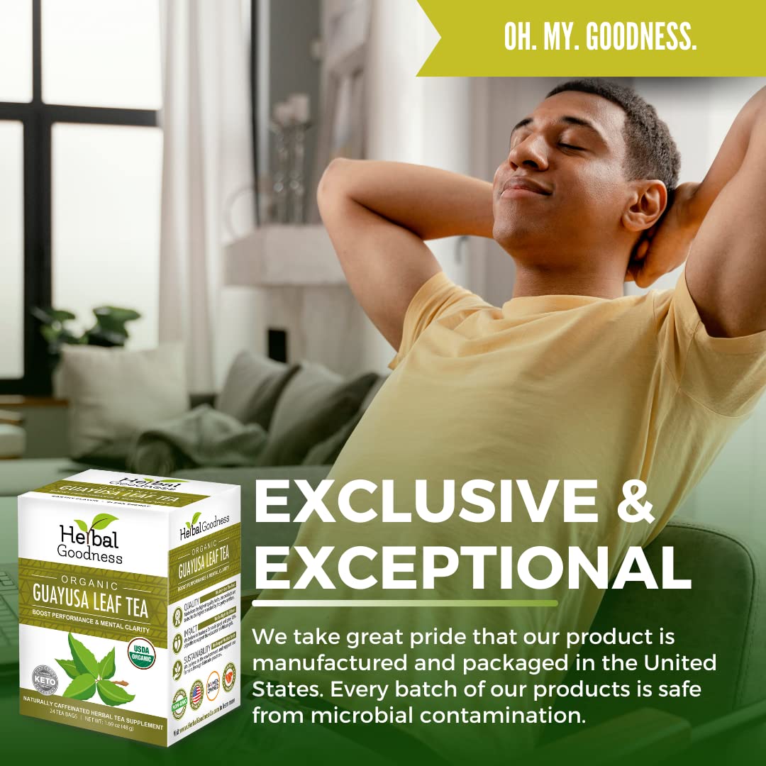Guayusa Leaf Tea - Mental Clarity, Organic Natural Caffeine Drink, Energy Supplement, Coffee Alternative, Oxidative Stress - 6/24 Tea Bags - Herbal Goodness (6 Boxes)