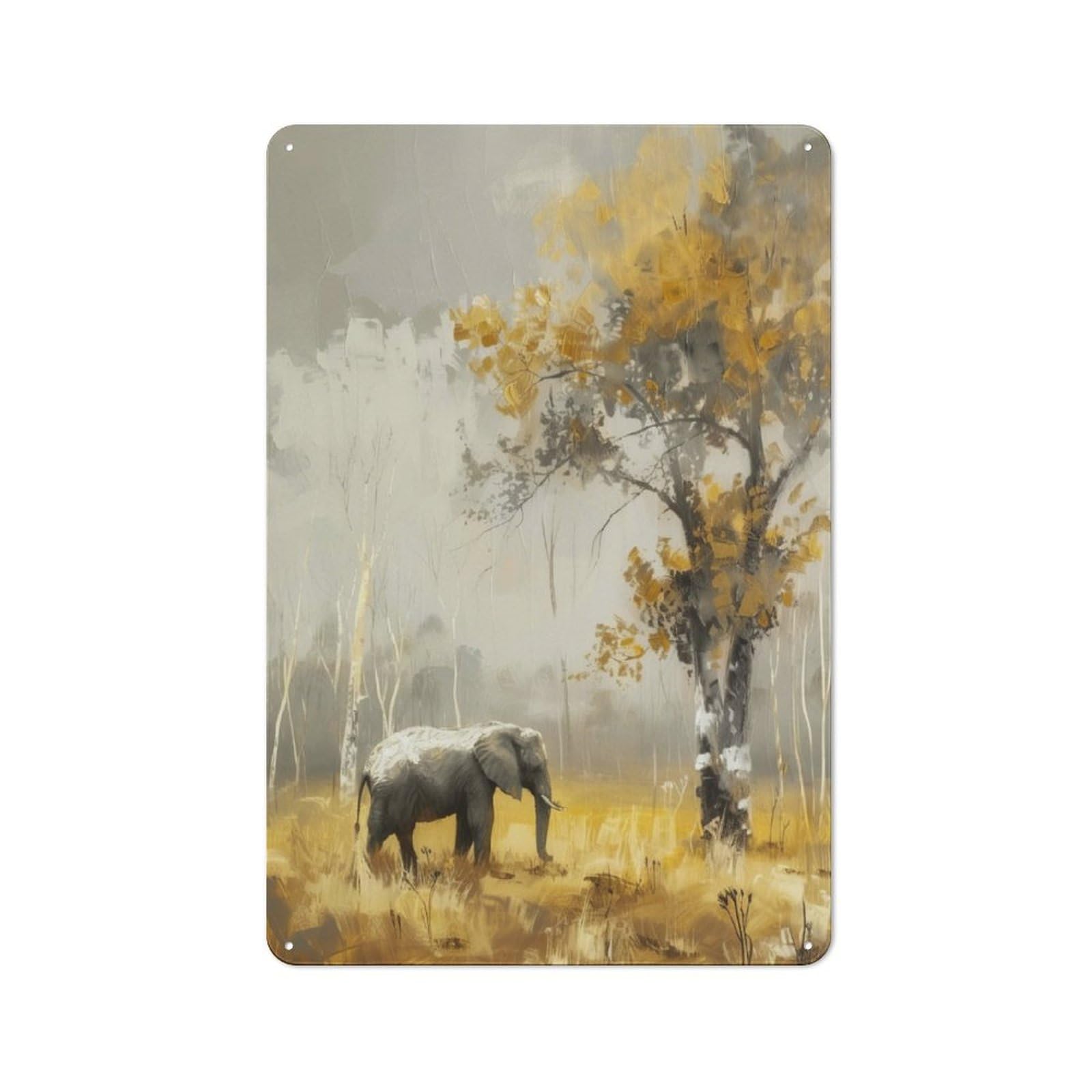 Elephant in Golden Forest Country Vintage Metal Wall Decor 30x20cm, Decorative Tin Sign for Cottage, Kitchen, Hallway Or Breakfast Nook