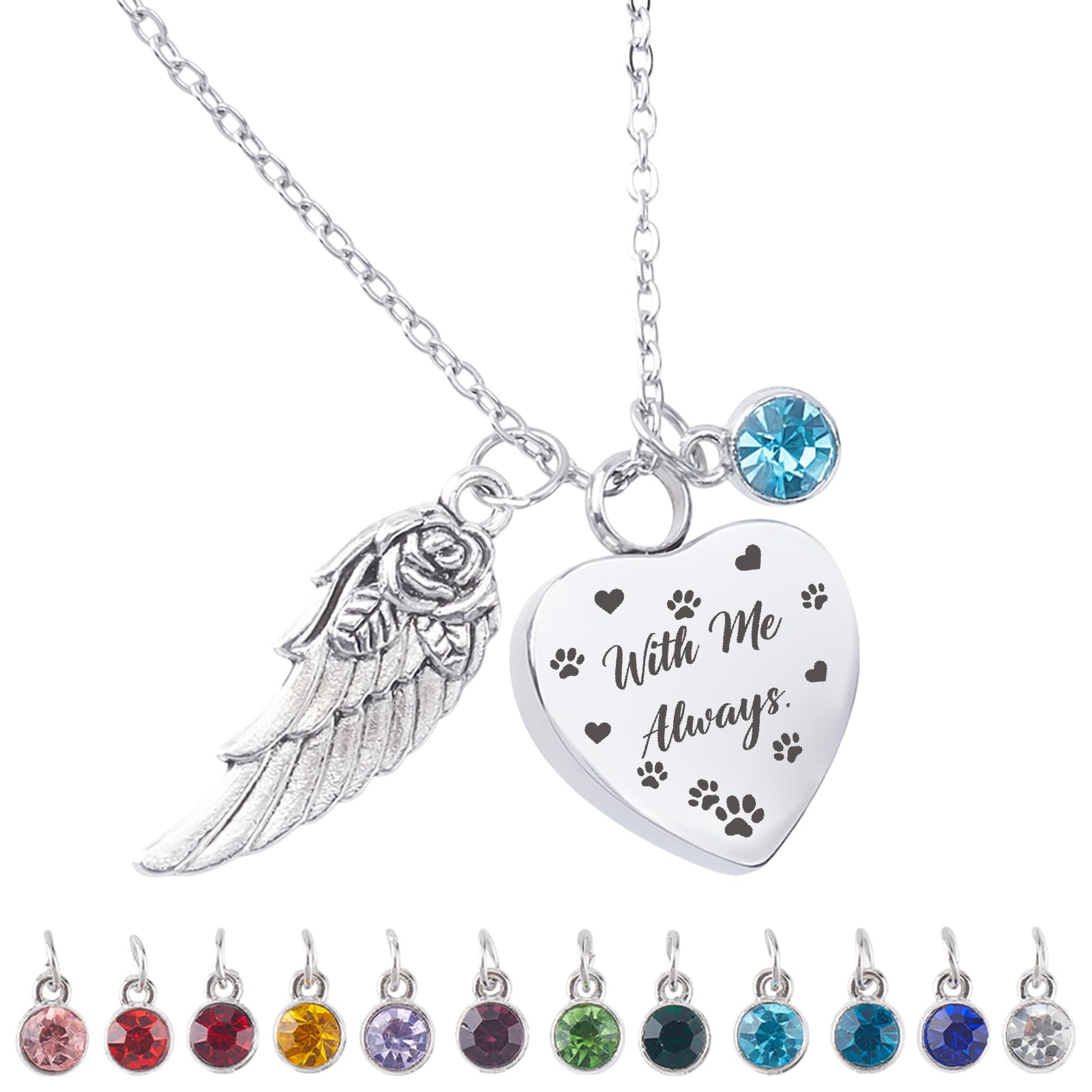 CREATCABIN Heart Urn Necklace for Ashes Cremation Jewelry Set Stainless Steel Paw Print Keepsake Memorial Pendant Ashes Urn Necklace with 12 Birthstones Velvet Drawstring Bag for Human 0.8x1Inch